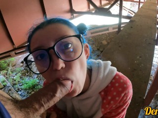 sex under the bridge with a cute schoolgirl in glasses she loves to get cum on her face