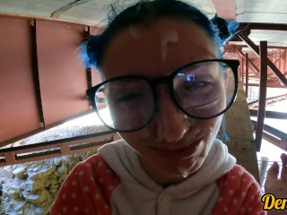 sex under the bridge with a cute schoolgirl in glasses she loves to get cum on her face