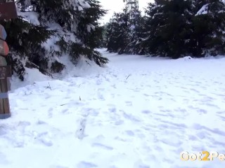 Sexy Babe In Miniskirt Pees In The Snow