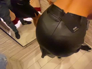 try new Leather outfit in changing room w` cum on skirt