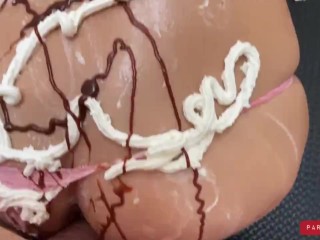 Slim Brunette enjoys messy food fetish and deepthroat the Splosh Theraphy