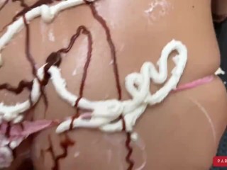 Slim Brunette enjoys messy food fetish and deepthroat the Splosh Theraphy