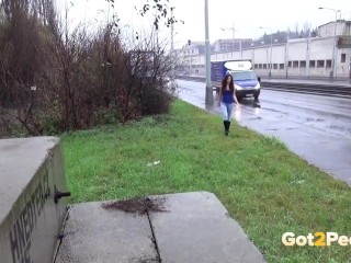 Hottie Squats On Steps To Pee