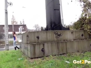 Hottie Squats On Steps To Pee