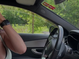 Brunette with big tits mastrubate in a public parking with lovense lush 3