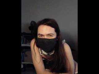 Femboy dressed as maid masterbates with cat butt plug and big dildo and cums big