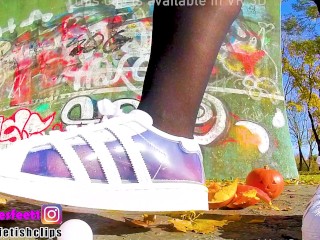 Feet Girl with Nylons Crushing Nylon Adidas Superstar clear transparent Girl Crush foot Feet sweaty