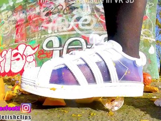 Feet Girl with Nylons Crushing Nylon Adidas Superstar clear transparent Girl Crush foot Feet sweaty