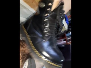 Bootjob to slave cock in combat boots