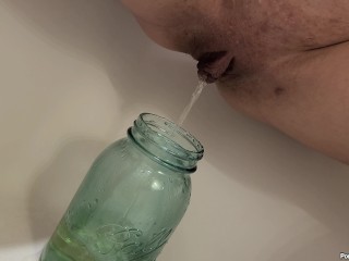 Girl Pees in a Mason Jar & Almost Fills it up!