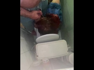 She occupied the toilet and was roughly used as a toilet and pissed over and into mouth then fucked