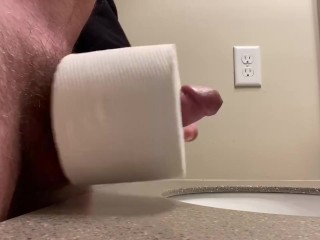 Toilet paper roll test fail makes long cock explode cum