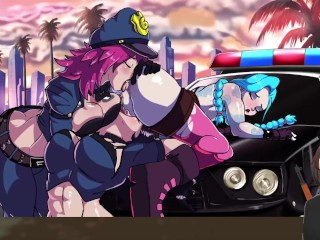 Vi Jinx e Caitlyn tendo uma orgia pública lésbica