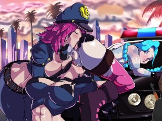 Vi Jinx e Caitlyn tendo uma orgia pública lésbica