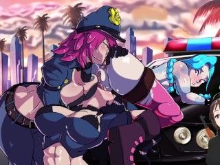 Vi Jinx e Caitlyn tendo uma orgia pública lésbica