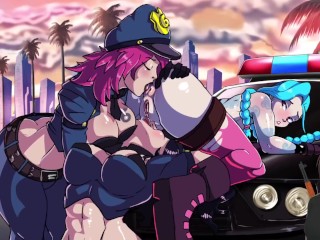 Vi Jinx e Caitlyn tendo uma orgia pública lésbica