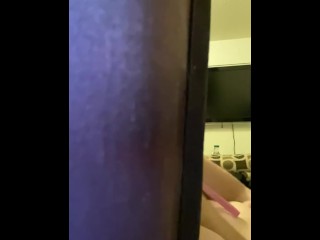 Peeking through the curtain at cute BBW slave riding cock