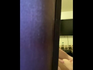 Peeking through the curtain at cute BBW slave riding cock