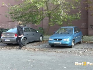 Squatting Between Parked Cars To Piss In Public