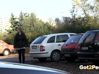 Squatting Between Parked Cars To Piss In Public