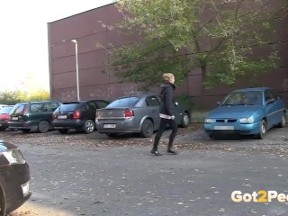 Squatting Between Parked Cars To Piss In Public