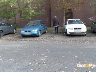 Squatting Between Parked Cars To Piss In Public