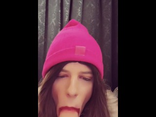 Dumb sissy slut smears her lipstick all over her dildo