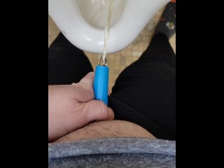 Girl uses shewee to piss in urinal