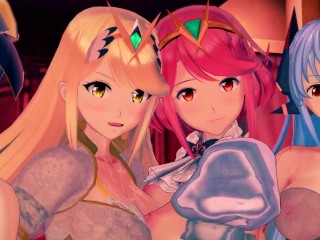 Lingerie Mythra dominates her servants with a footjob