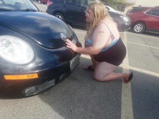 Trans/Sissy sucks dildo in Public wearing Womans Swim Suit!