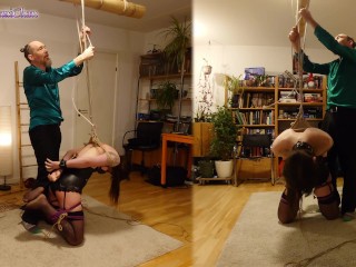 Submissive girl obeys her master! Blindfold & Gag, Suspension, Spanking, Crotch rope & Breathplay!