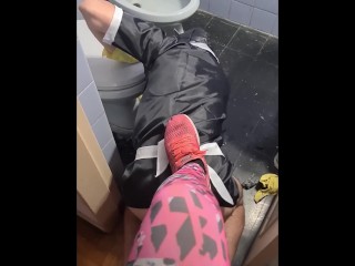 Sissy maid clean the fridge and the toilet while being humiliated and kicked in the balls 