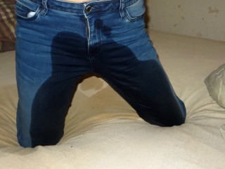 Pissing jeans on his lap in bed (golden puddle in my pants)