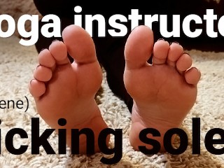 Yoga  instructor can't resist the opportunity of licking soles during the session