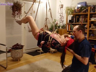 Trailer: Girl Blindfolded in Shibari Face up Suspension!