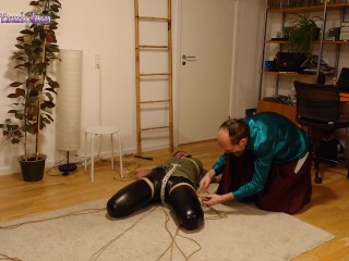 Shibari & Petplay fun! Part 2; Girl in suspension w crotch rope is gagged & pleasing her master!