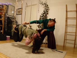 Shibari & Petplay fun! Part 1 - Girl is tied up; humiliation play & suspended w crotch rope & clamps