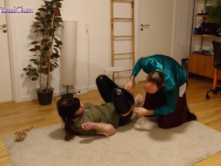 Shibari & Petplay fun! Part 1 - Girl is tied up; humiliation play & suspended w crotch rope & clamps