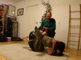 Shibari & Petplay fun! Part 1 - Girl is tied up; humiliation play & suspended w crotch rope & clamps