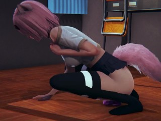 Neko schoolgirl masturbates with a pink dildo