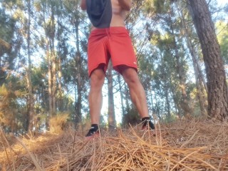 Masturbation outdoor. I undressed and touched my dick in the forest. Someone was watching me