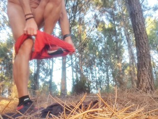 Masturbation outdoor. I undressed and touched my dick in the forest. Someone was watching me