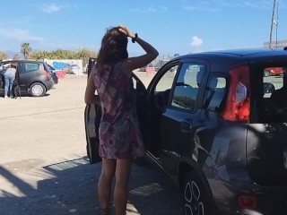 Public NO PANTIES is FUN # Risky PEE from the Car at the Public beach parking