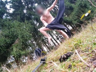 Naked walk/masturbation in busy woods. Almost caught multiple times