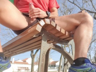 Risky masturbation on a public park bench - people watching