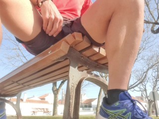 Risky masturbation on a public park bench - people watching