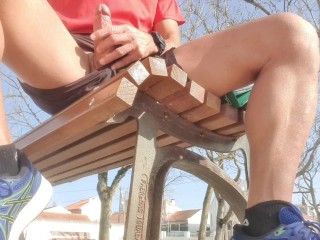 Risky masturbation on a public park bench - people watching