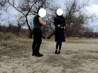 slut in nature shows herself to the camera. Runner asks her to touch boobs and offers come with him