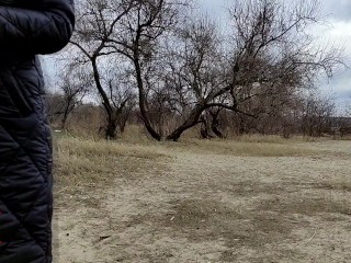 slut in nature shows herself to the camera. Runner asks her to touch boobs and offers come with him