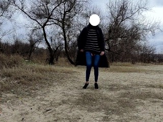 slut in nature shows herself to the camera. Runner asks her to touch boobs and offers come with him